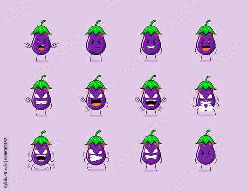 collection of cute eggplant cartoon character  with angry expression. suitable for emoticon, logo, symbol and mascot. such as emoticon, sticker or vegetable logo