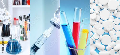 Collage with laboratory gla...