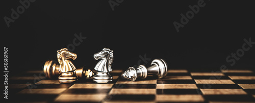 knight horse chess stand on chessboard concept of team player or business team and leadership strategy and human resources organization management or goal to win or strong winner.