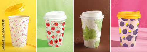 Set of creative paper cups on color background
