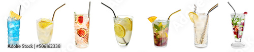 Set of refreshing cold cocktails in glasses on white background