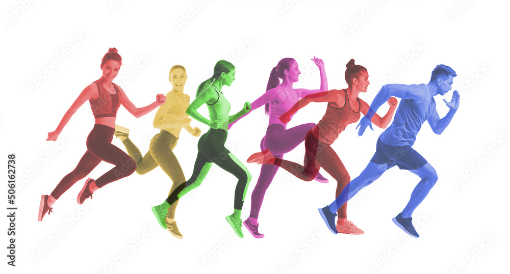 Colorful running people on white background