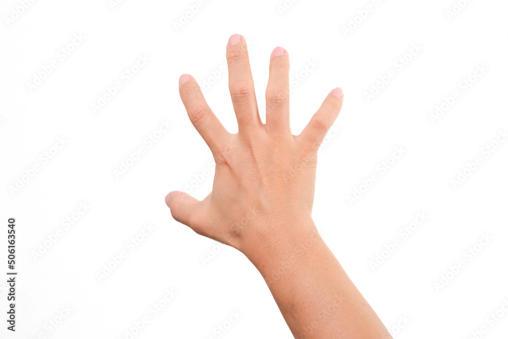 Female hand trying to reach or grab something isolated on white background. Female hand trying to reach or grab something isolated on white background.