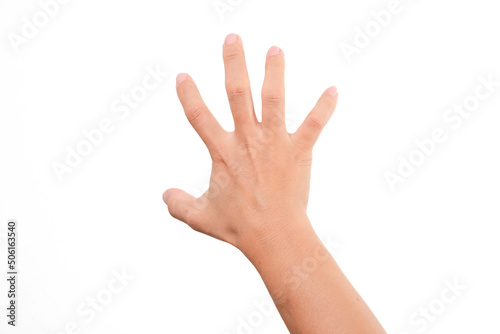 Female hand trying to reach or grab something isolated on white background.
