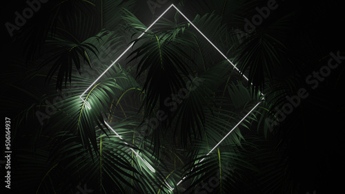 Cyberpunk Background Design. Tropical Plants with White, Diamond shaped Neon Frame.