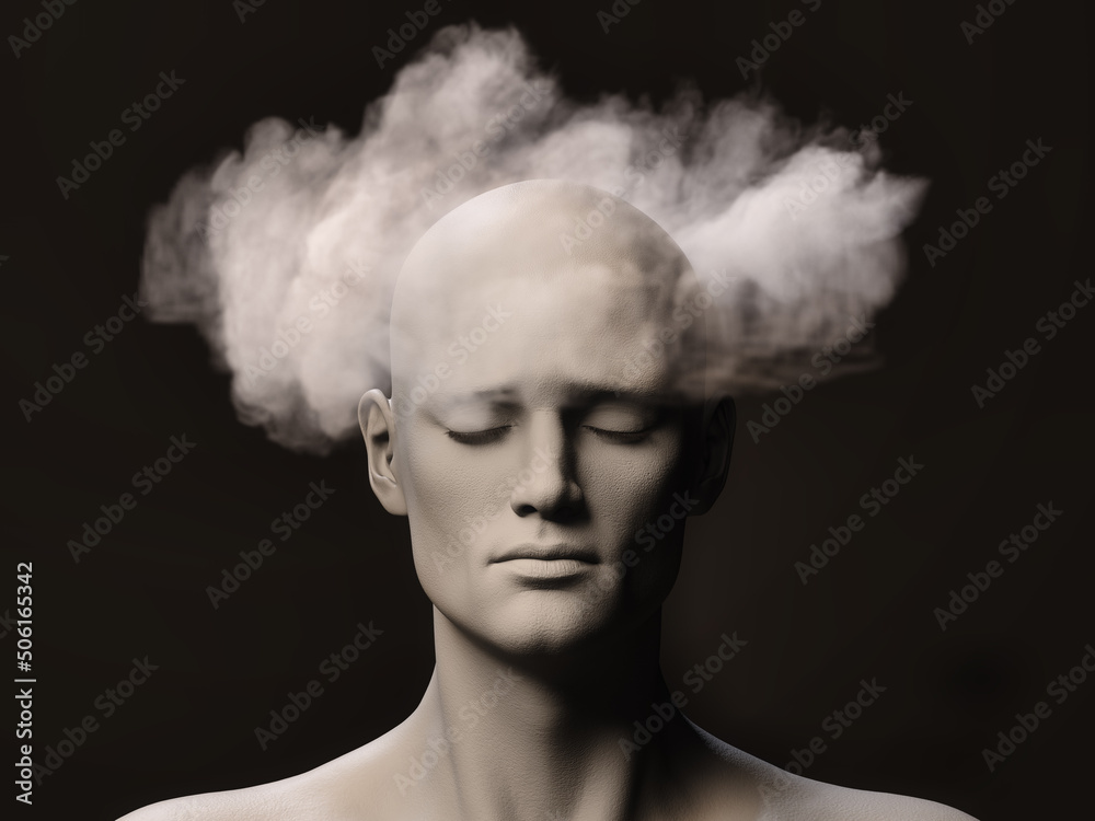 Brain fog. Close-up of a stressed male figure with fog around his head. 3d illustration.