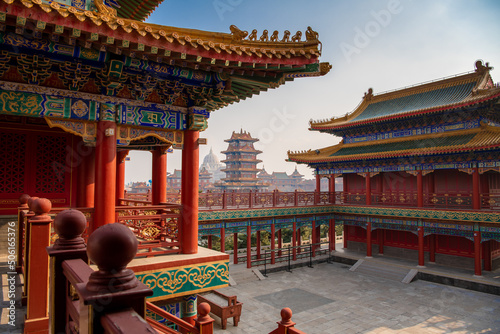 Terrace of the Taoist temple on the lake in Sanxian mountain scenic area, Penglai, Yantai, Shandong, China, copy space for text, blue sky photo