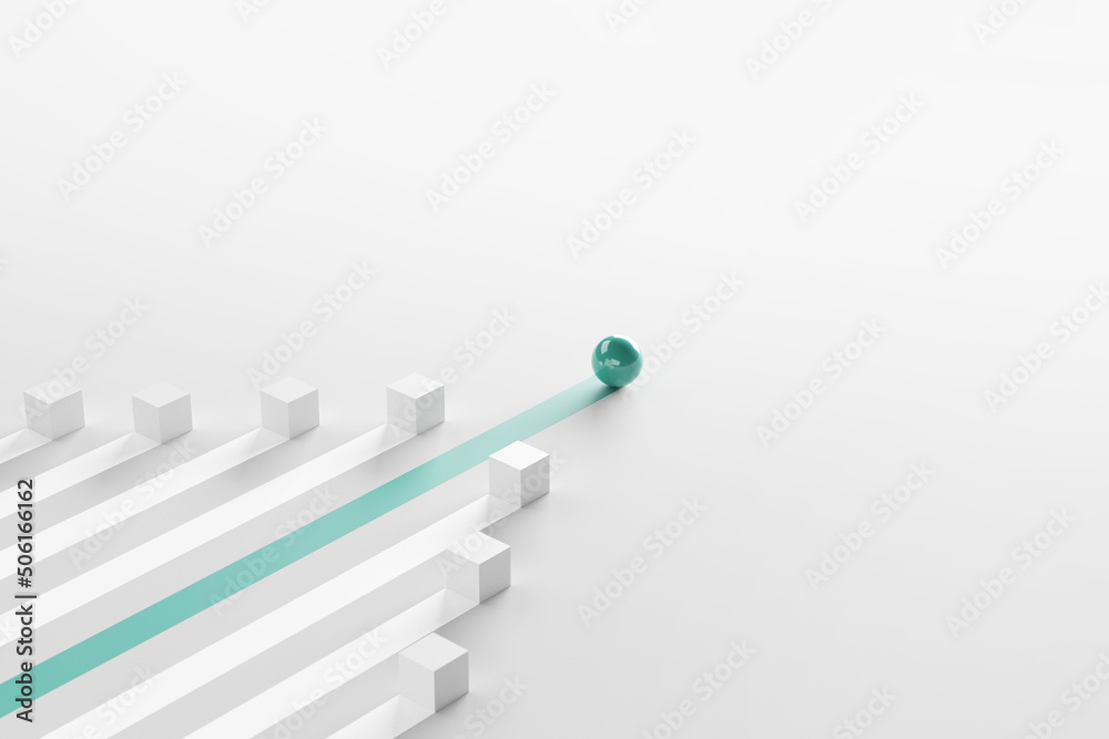 Leadership concept, One leader green sphere leads other white boxes. Winning strategy in business, 3d render. copy space. - obrazy, fototapety, plakaty 