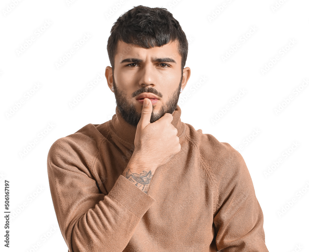 Thoughtful bearded man on white background Thoughtful bearded man on white background