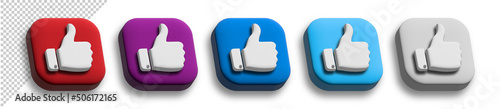 3D render thumbs up, like button icons set for social media network. Illustration isolated on white background.