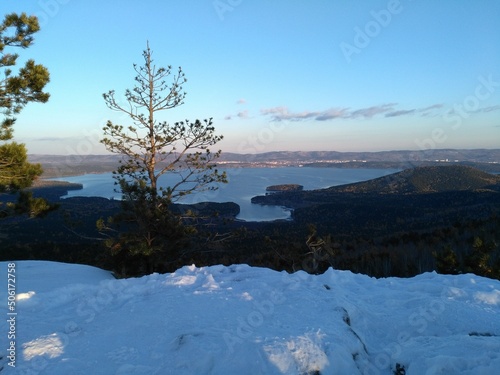 winter landscape from the mountains to the lake