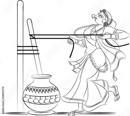 Indian village morning rituals. the lady churning buttermilk for butter,  in the temple. Drawn in Indian folk art, Kalamkari style. for textile printing, logo, wallpaper 