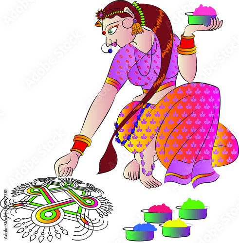 Indian village morning rituals. the lady drew rangoli with colorful stone powder. Drawn in Indian folk art, Kalamkari style. for textile printing, logo, wallpaper