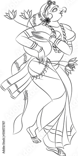 Indian village morning rituals. the lady carrying water in a clay pot,  in the temple. Drawn in Indian folk art, Kalamkari style. for textile printing, logo, wallpaper 