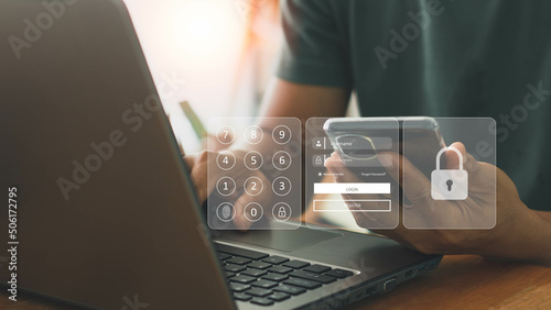 Fotografie cyber security in two-step verification, multi-factor authentication, information security and encryption, secure access to user's personal information, secure Internet access, and cybersecurity