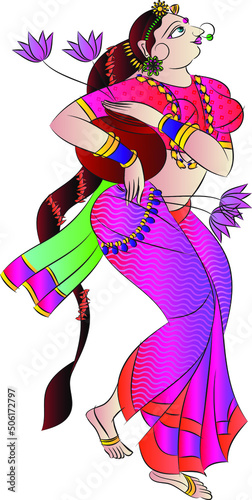 Indian village morning rituals. the lady carrying water in a clay pot,  in the temple. Drawn in Indian folk art, Kalamkari style. for textile printing, logo, wallpaper 