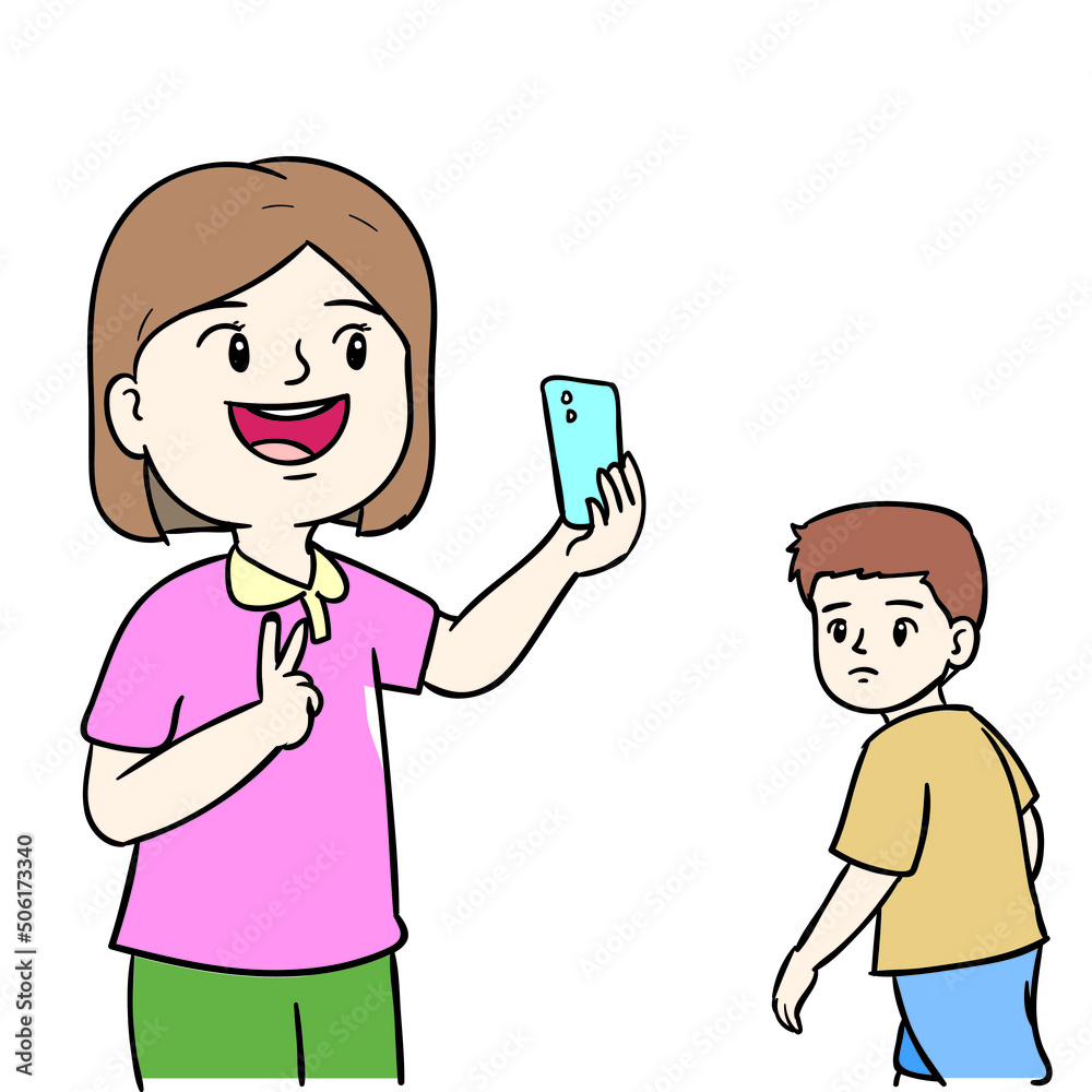 The girl and phone at day vector hand draw The girl and phone at day vector hand draw