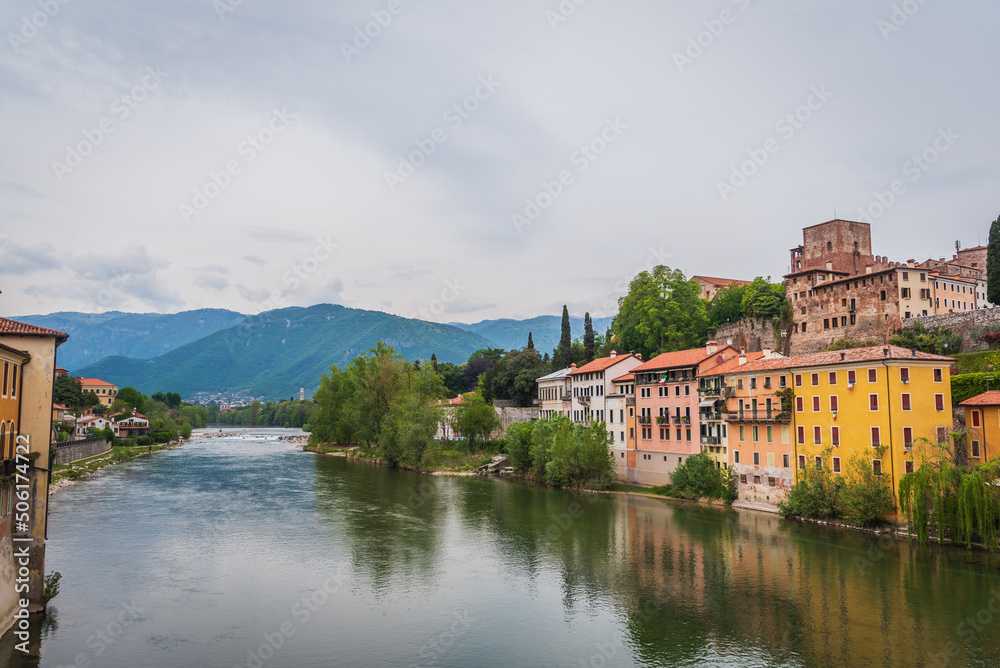 View of Bassano del Grappa with the Brenta River from the Alpini Bridge, Vicenza, Veneto, Italy, Europe