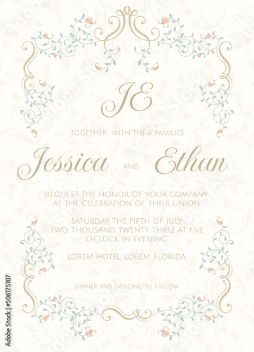 Wedding invitation.Floral colored frame with calligraphic elements. Card template for greeting card, certificate, invitation, menu.