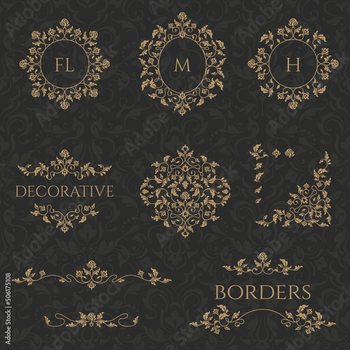 Collection of elegant borders, monogram frames. Classic floral ornament. Graphic design pages, business sign, boutiques, cafes, hotels.