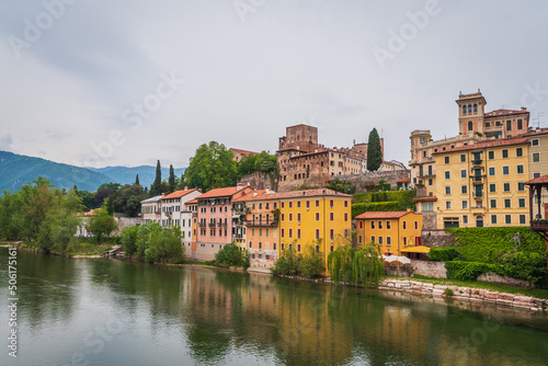 View of Bassano del Grappa with the Brenta River from the Alpini Bridge, Vicenza, Veneto, Italy, Europe
