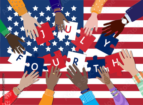 Happy Fourth of July, United States of America Independence Day celebrating vector banner. Diverse skin colors american people hands jigsaw puzzle pieces together top view, USA flag. Freedom, equality