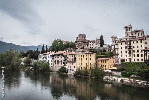 View of Bassano del Grappa with the Brenta River from the Alpini Bridge, Vicenza, Veneto, Italy, Europe © Simoncountry