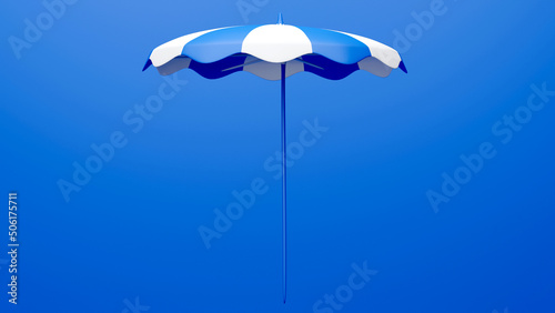 Striped white and blue beach umbrella for sun protect isolated on blue background 3d 