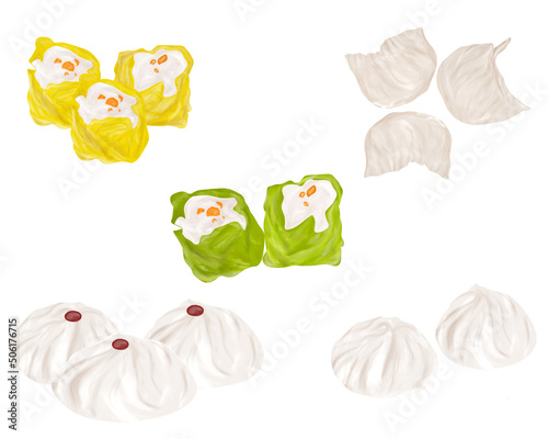 Chinese food style, Top view of pork, Shrimp and Prawns dumpling, Kui Chai or Chinese dumpling and Roasted pork bun on white background, Hand drawn of collection food concept, Great for menu, Dim Sum