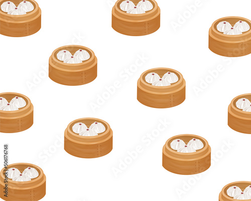 Chinese food style, Top view of Roasted pork bun in a traditional steaming basket on white background, Hand drawn of collection food concept, Great for menu, Dim Sum