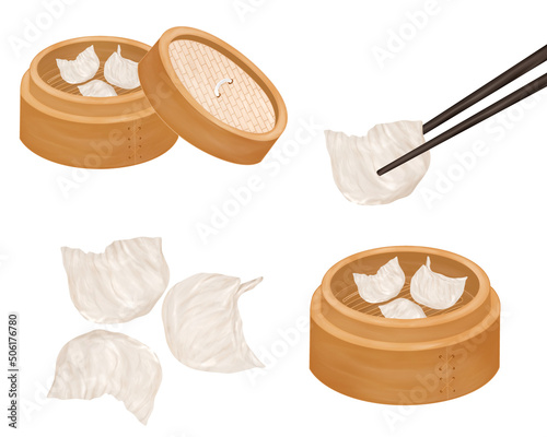 Chinese food style, Top view of Ha Gow or Chinese dumpling With Chopstick on white background, Hand drawn of collection, Great for menu, Dim Sum (Kui Chai ), in a traditional steaming basket