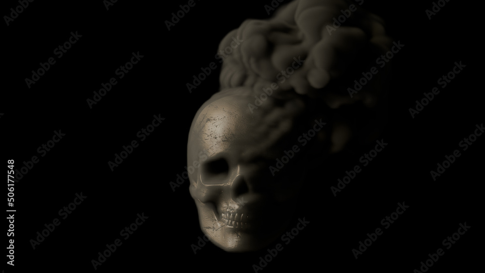 Grey smoking human skull on black background - war concept, isolated - object 3D rendering