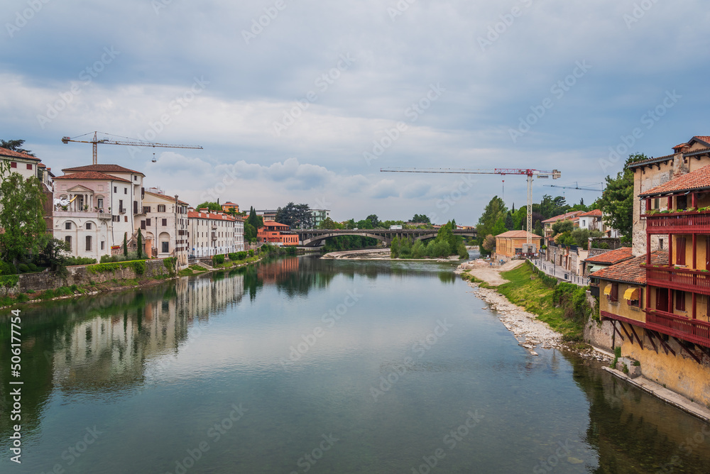 View of the Brenta River in Bassano del Grappa from the Alpini Bridge, Vicenza, Veneto, Italy, Europe
