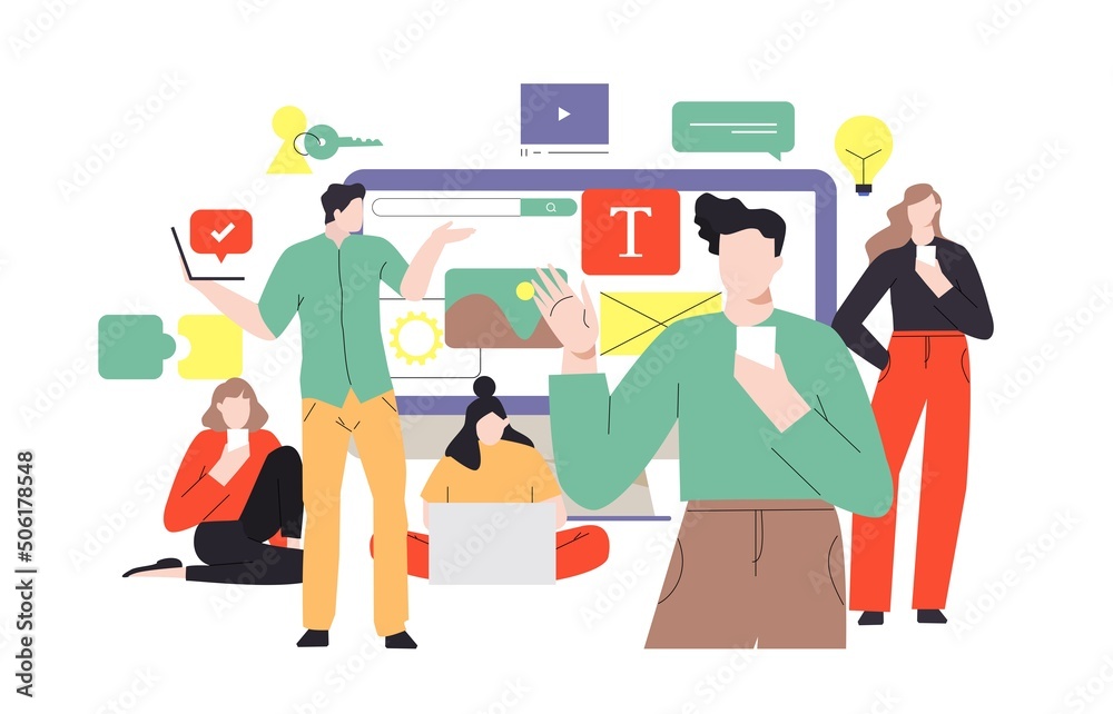 Designers doing presentation, working on new project. Web designers team prototyping new website, landing page or mobile application. Teamwork concept, business people vector illustration	
