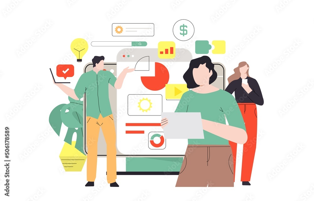 Teamwork concept. Business people doing presentation, working together, business meeting flat vector illustration Teamwork concept. Business people doing presentation, working together, business meeting flat vector illustration