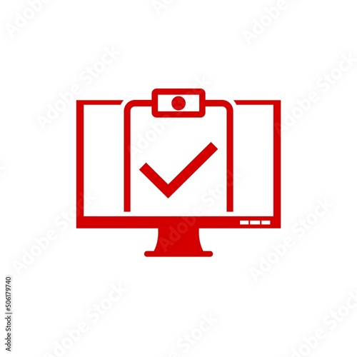 Desktop computer with digital questionnaire icon isolated on white background