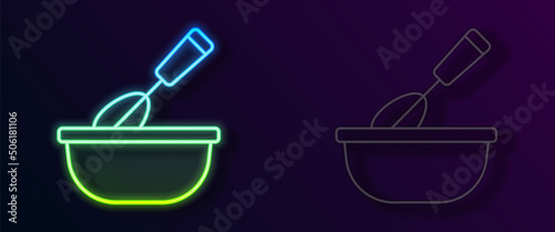 Glowing neon line Cooking whisk with bowl icon isolated on black background. Cooking utensil, egg beater. Cutlery sign. Food mix symbol. Vector
