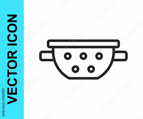 Black line Kitchen colander icon isolated on white background. Cooking utensil. Cutlery sign. Vector