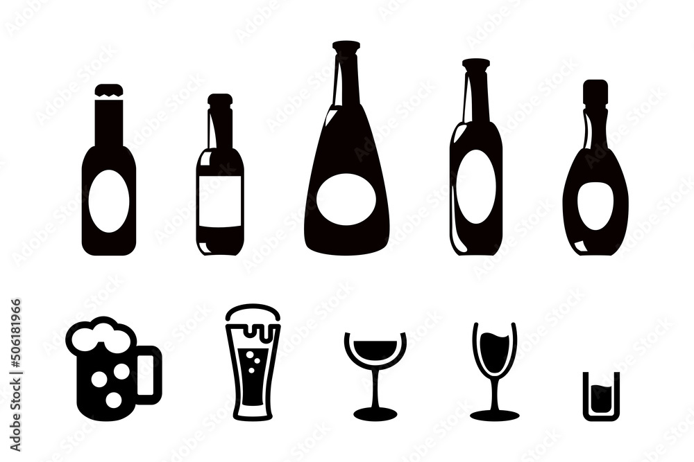 Alcohol drinks icons, bottles and glasses with beer, wine and bar cocktails. Bar or pub symbols for alcoholic beverage signs vector set Alcohol drinks icons, bottles and glasses with beer, wine and bar cocktails. Bar or pub symbols for alcoholic beverage signs vector set
