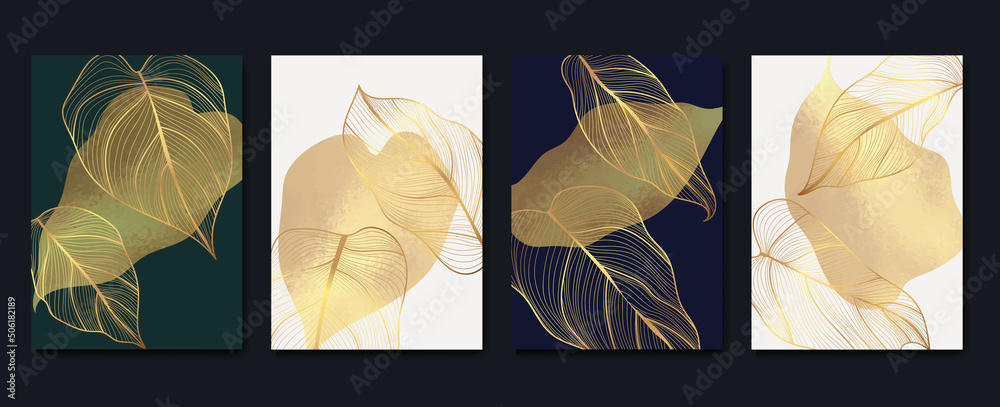 Set of abstract golden wall art template. Elegant line art, leaves, foliage, gold foil on dark background. Collection of luxury wall decoration perfect for decorative, interior, prints, banner. - obrazy, fototapety, plakaty 