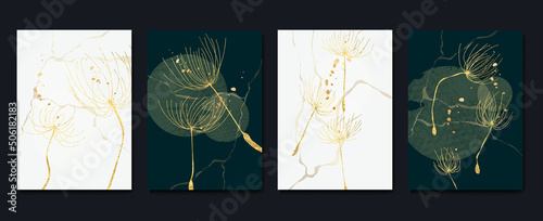 Set of abstract golden wall art template. Elegant line, floating seed of dandelion, gold foil on dark background. Collection of luxury wall decoration perfect for decorative, interior, prints, banner.