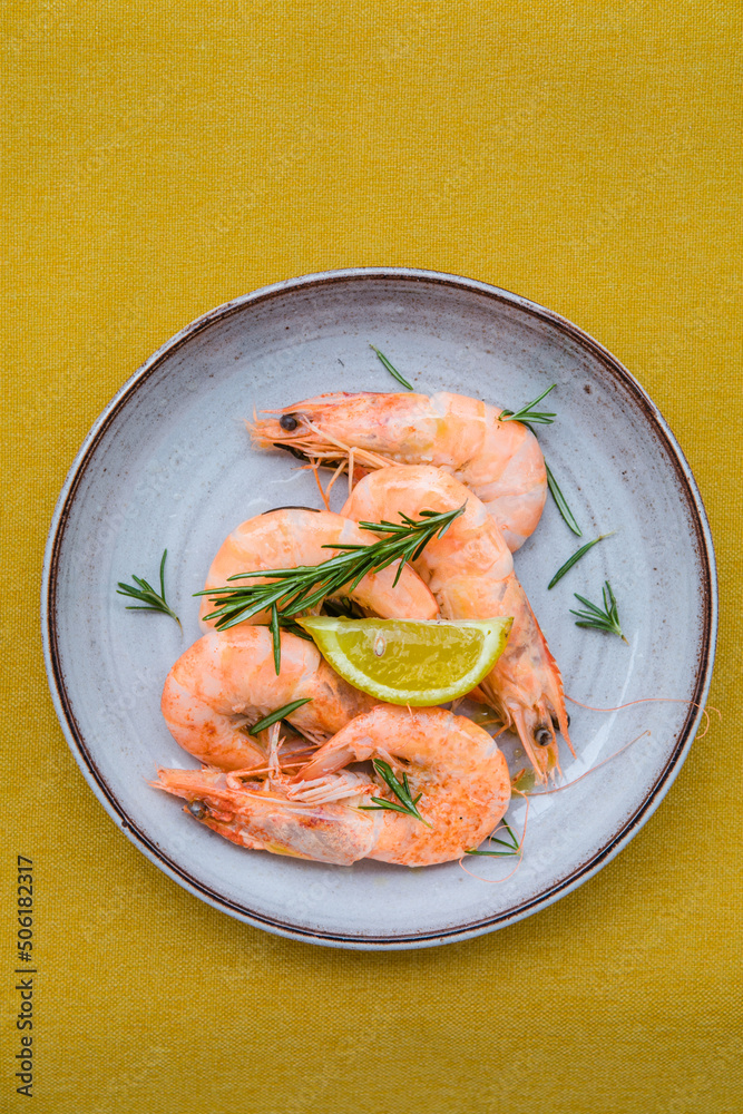 Tiger prawns shrimps set, on fabric surface, top view flat lay, with copy space for text Tiger prawns shrimps set, on fabric surface, top view flat lay, with copy space for text