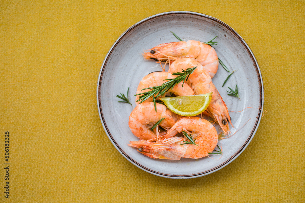 Tiger prawns shrimps set, on fabric surface, top view flat lay, with copy space for text Tiger prawns shrimps set, on fabric surface, top view flat lay, with copy space for text