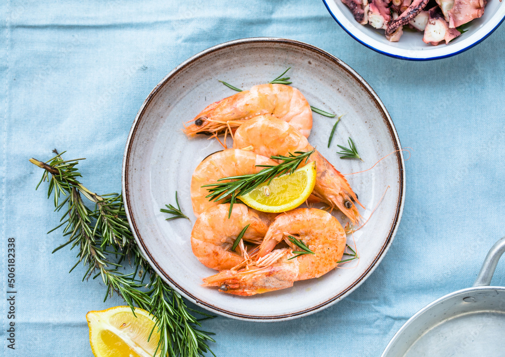 Tiger prawns shrimps set, on fabric surface, top view flat lay, with copy space for text Tiger prawns shrimps set, on fabric surface, top view flat lay, with copy space for text
