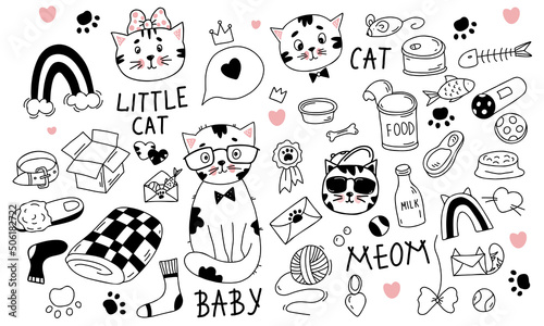 Big collection of cat characters and cat items, toys and food and feed. Vector illustration. Isolated linear hand drawn doodles for design and decor