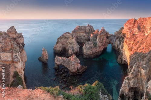 Natural cliffs and beaches, Algarve, Lagoa, Portugal. Summer season.
