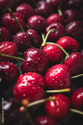 Close-up of delicious fresh and freshly washed cherries