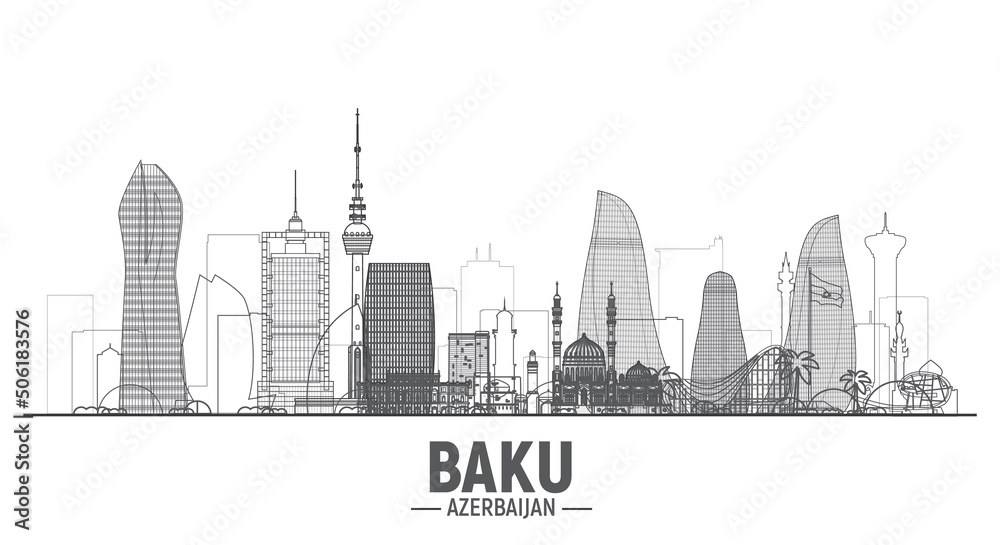 Baku (Azerbaijan) line skyline silhouette. Stroke vector illustration. Business travel and tourism concept with modern buildings. Image for banner or web site.
