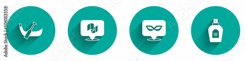 Set Gondola boat, Flag Italy, Carnival mask and Perfume icon with long shadow. Vector