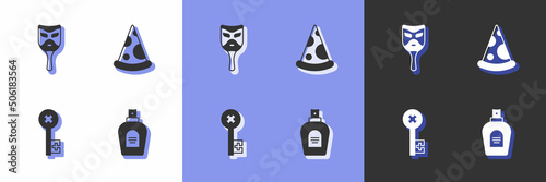 Set Perfume, Carnival mask, Old key and Slice of pizza icon. Vector